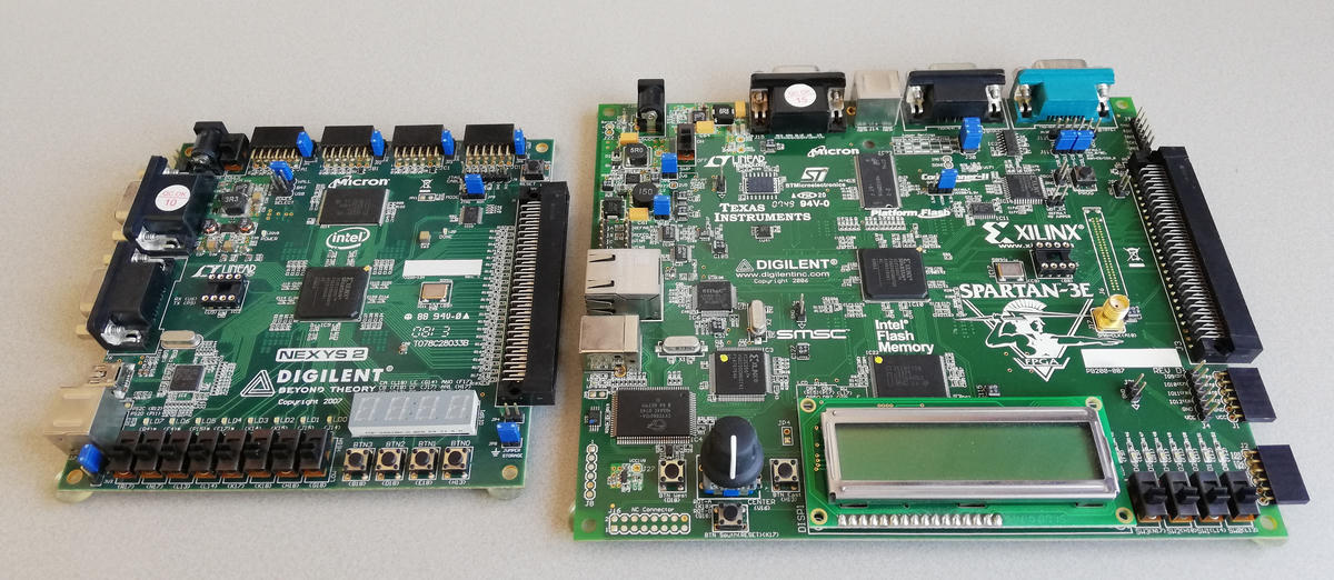 My first FPGA boards, both with the Spartan 3E FPGA